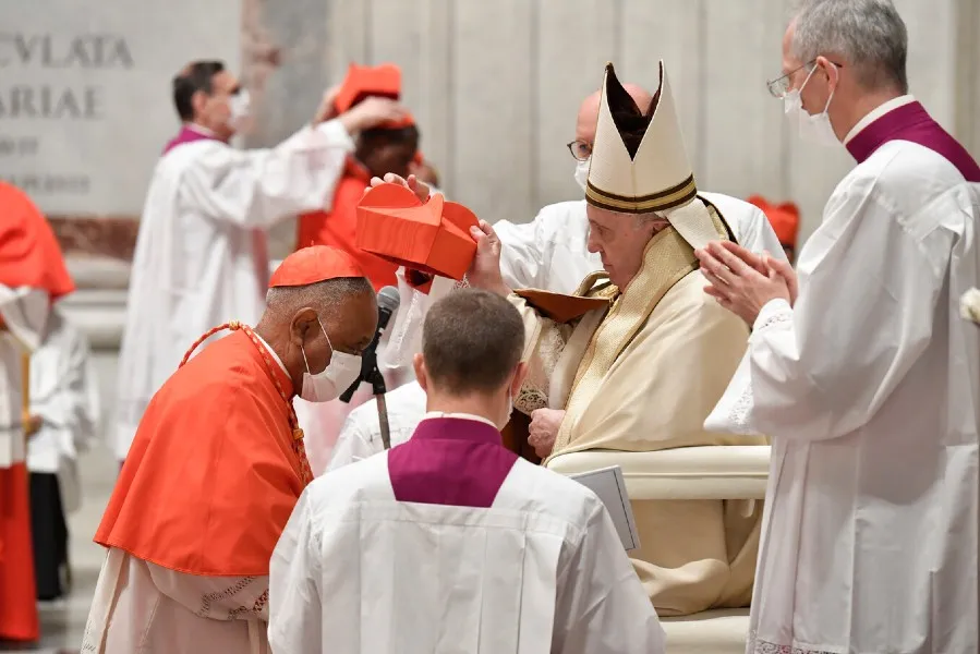 Cardinal Wilton Gregory receives the red hat from Pope Francis in St. Peter's Basilica on Nov. 28, 2020.?w=200&h=150